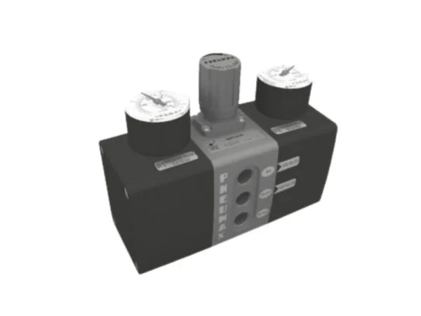 Pneumatisk tryckbooster i svart och grå design.